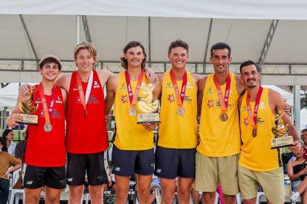(241110) -- LAGUNA PROVINCE, Nov. 10, 2024 -- Gold medalists D Artagnan Potts (3rd R) and Jack Pearse (3rd L) of Australia, silver medalists Mark Nicolaidis (1st L) and Izac Carracher (2nd L) of Australia, bronze medalists Alireza Aghajanighasab (1st R) and Abbas Pourasgari of Iran pose for photos during the awarding ceremony for the men s competition at the Asian Volleyball Confederation (AVC) 2024 Asian Senior Beach volleyball, Beachvolleyball Championships in Laguna Province, the Philippines, on Nov. 10, 2024. ) (SP)PHILIPPINES-LAGUNA PROVINCE-AVC 2024 ASIAN SENIOR BEACH VOLLEYBALL CHAMPIONSHIPS-AWARDING CEREMONY RouellexUmali 