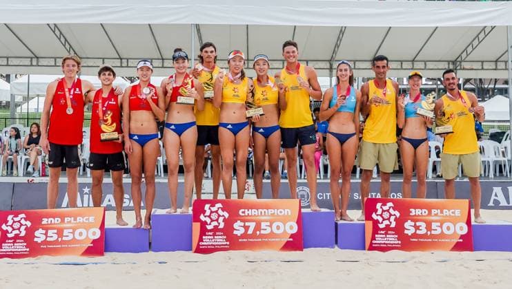 (241110) -- LAGUNA PROVINCE, Nov. 10, 2024 -- Men s and women s medalists pose for photos during the awarding ceremony at the Asian Volleyball Confederation (AVC) 2024 Asian Senior Beach volleyball, Beachvolleyball Championships in Laguna Province, the Philippines, on Nov. 10, 2024. ) (SP)PHILIPPINES-LAGUNA PROVINCE-AVC 2024 ASIAN SENIOR BEACH VOLLEYBALL CHAMPIONSHIPS-AWARDING CEREMONY RouellexUmali 
