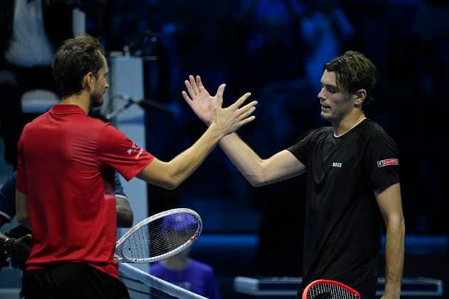 10th November 2024; Inalpi Arena, Turin, Italy; Nitto ATP, Tennis Herren Finals 2024 Day 1; Taylor Fritz of USA celebrates his victory against Daniil Medvedev  ActionPlus12714212 BestxImages