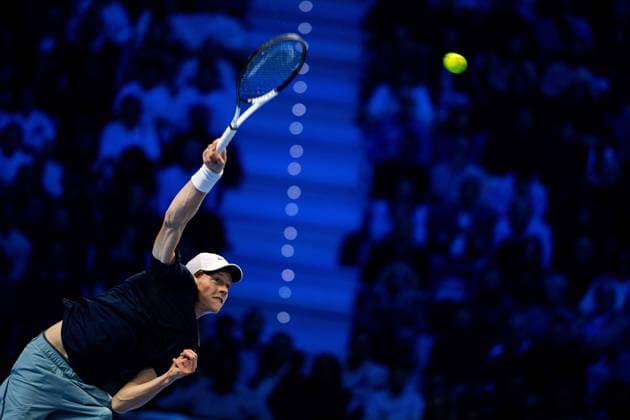 Italy s Jannik Sinner returns the ball to Australia s Alex de Minaur during& xa0;their singles tennis match of the ATP, Tennis Herren World Tour Finals at the Inalpi Arena, in Turin, Italy - - Sunday, November 10, 2024.  Copyright: xMarcoxAlpozzi LaPressex