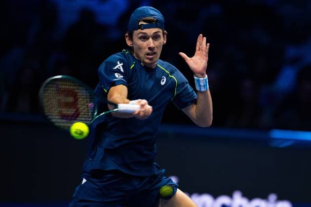Australia s Alex de Minaur returns the ball to Italy s Jannik Sinner during& xa0;their singles tennis match of the ATP, Tennis Herren World Tour Finals at the Inalpi Arena, in Turin, Italy - - Sunday, November 10, 2024.  Copyright: xMarcoxAlpozzi LaPressex