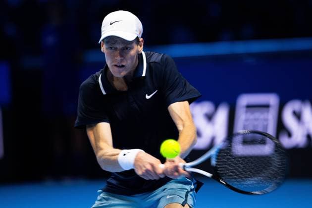 Italy s Jannik Sinner returns the ball to Australia s Alex de Minaur during& xa0;their singles tennis match of the ATP, Tennis Herren World Tour Finals at the Inalpi Arena, in Turin, Italy - - Sunday, November 10, 2024.  Copyright: xMarcoxAlpozzi LaPressex