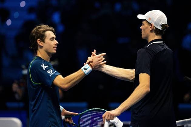 Italy s Jannik Sinner reacts after winning the singles tennis match of the ATP, Tennis Herren World Tour Finals against Australia s Alex de Minaur at the Inalpi Arena in Turin, Italy - - Sunday, November 10, 2024.  Copyright: xMarcoxAlpozzi LaPressex