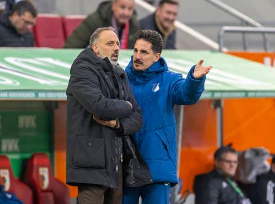 10 11 2024, Soccer 1 Bundesliga 2024 2025, Matchday 10, FC Augsburg TSG 1899 Hoffenheim, in the WWK Arena Augsburg, from left coach Pellegrino Matarazzo Hoffenheim with co-coach Benjamin Hübner Hoffenheim