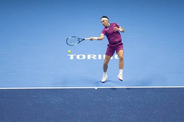 Norway s Casper Ruud returns the ball to Spain s Carlos Alcaraz during& xa0;their singles tennis match of the ATP, Tennis Herren World Tour Finals at the Inalpi Arena, in Turin, Italy - - Monday, November 11, 2024.  Copyright: xMarcoxAlpozzi LaPressex