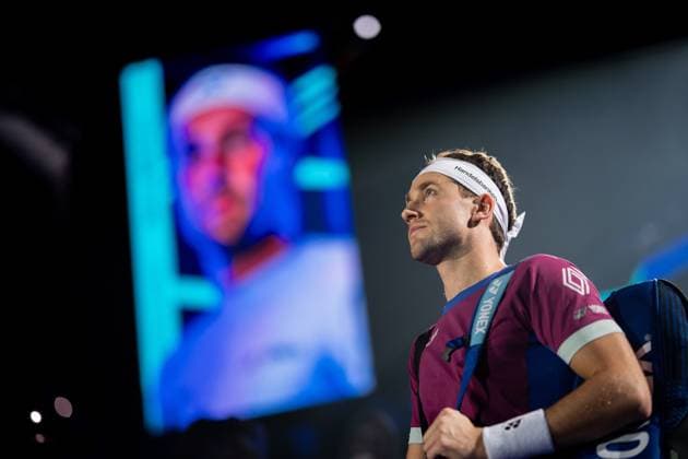 Norway s Casper Ruud reacts before the singles tennis match of the ATP, Tennis Herren World Tour Finals against Spain s Carlos Alcaraz at the Inalpi Arena in Turin, Italy - - Sunday, November 10, 2024.  Copyright: xMarcoxAlpozzi LaPressex