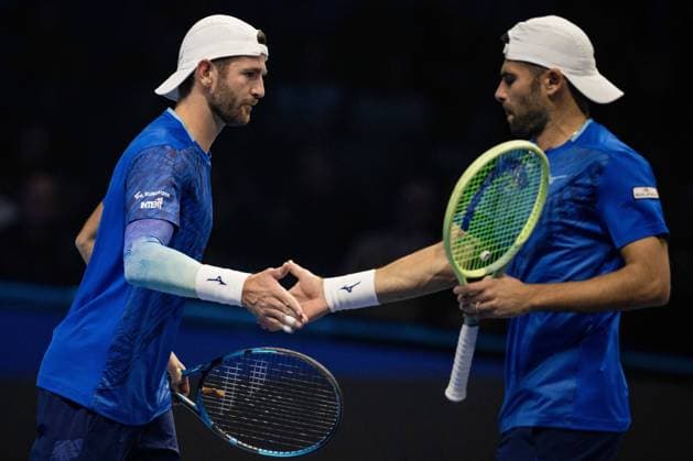 Italy s Andrea Vavassori and Italy s Simone Bolelli react during the match with against Rohan Bopanna, of India and Matthew Ebden of Australia, at the Inalpi Arena in Turin, Italy - - Monday, November 11, 2024. .  Copyright: xMarcoxAlpozzi LaPressex