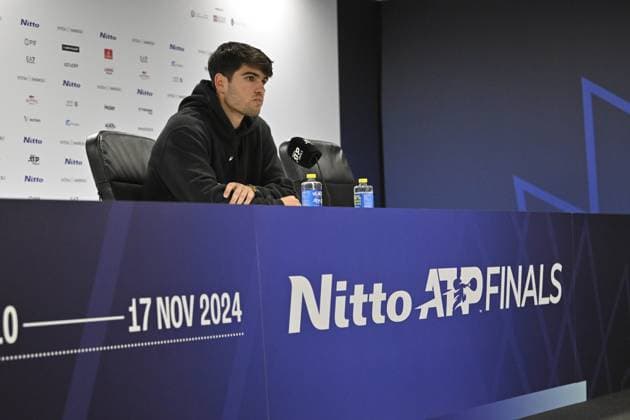 Tennis : ATP, Tennis Herren finals Torino 2024 - Carlos Alcaraz - Espagne - press conference, PK, Pressekonferenz Tennis : Atp finals Torino 2024 - Torino - 11 11 2024 ChrysleneCaillaud Panoramic 