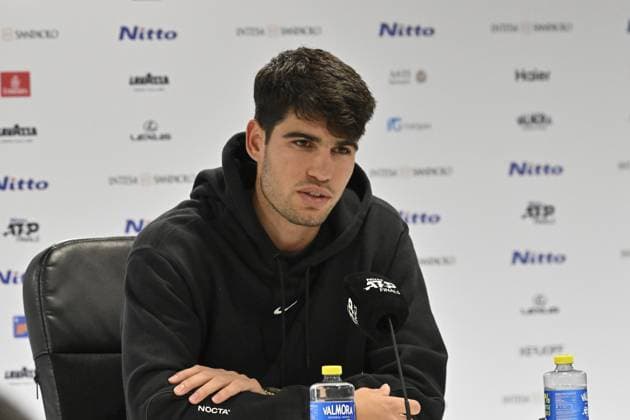 Tennis : ATP, Tennis Herren finals Torino 2024 - Carlos Alcaraz - Espagne - press conference, PK, Pressekonferenz Tennis : Atp finals Torino 2024 - Torino - 11 11 2024 ChrysleneCaillaud Panoramic 