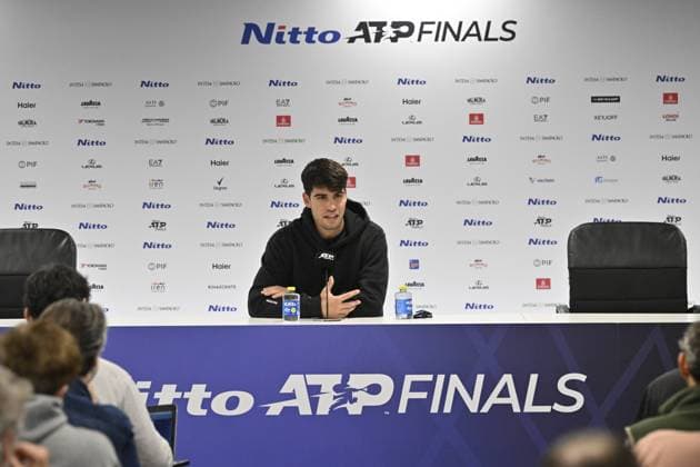 Tennis : ATP, Tennis Herren finals Torino 2024 - Carlos Alcaraz - Espagne - press conference, PK, Pressekonferenz Tennis : Atp finals Torino 2024 - Torino - 11 11 2024 ChrysleneCaillaud Panoramic 