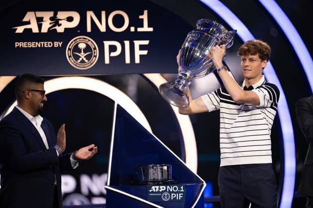 Jannik Sinner receives the trophy of the ATP, Tennis Herren year-end No.1 at the Inalpi Arena in Turin, Italy - - Monday, November 11, 2024.  Copyright: xMarcoxAlpozzi LaPressex