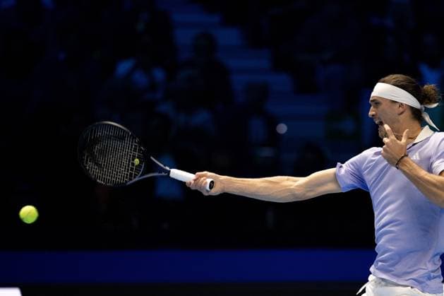 Germany s Alexander Zverev returns the ball to Russia s Andrey Rublev& xa0; during& xa0;their singles tennis match of the ATP, Tennis Herren World Tour Finals at the Inalpi Arena, in Turin, Italy - - Monday, November 11, 2024.  Copyright: xMarcoxAlpozzi LaPressex