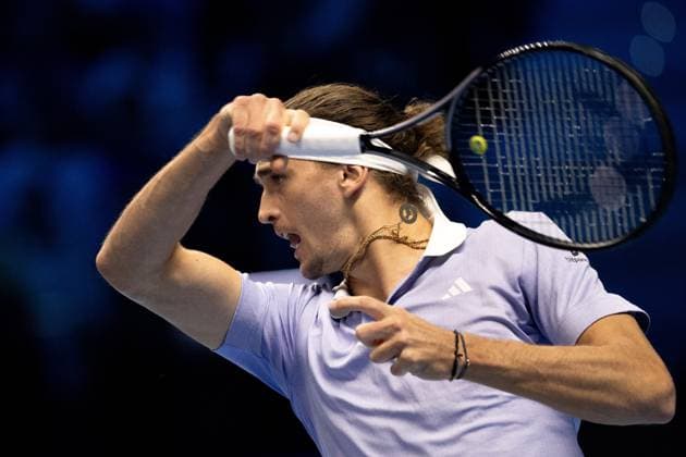 Germany s Alexander Zverev returns the ball to Russia s Andrey Rublev& xa0; during& xa0;their singles tennis match of the ATP, Tennis Herren World Tour Finals at the Inalpi Arena, in Turin, Italy - - Monday, November 11, 2024.  Copyright: xMarcoxAlpozzi LaPressex