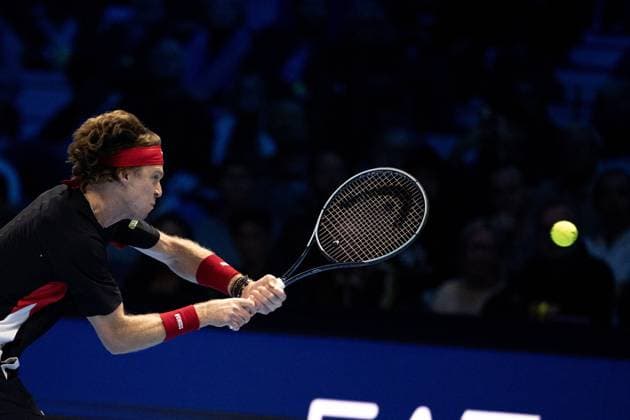 Russia s Andrey Rublev& xa0; returns the ball to Germany s Alexander Zverev during& xa0;their singles tennis match of the ATP, Tennis Herren World Tour Finals at the Inalpi Arena, in Turin, Italy - - Monday, November 11, 2024.  Copyright: xMarcoxAlpozzi LaPressex