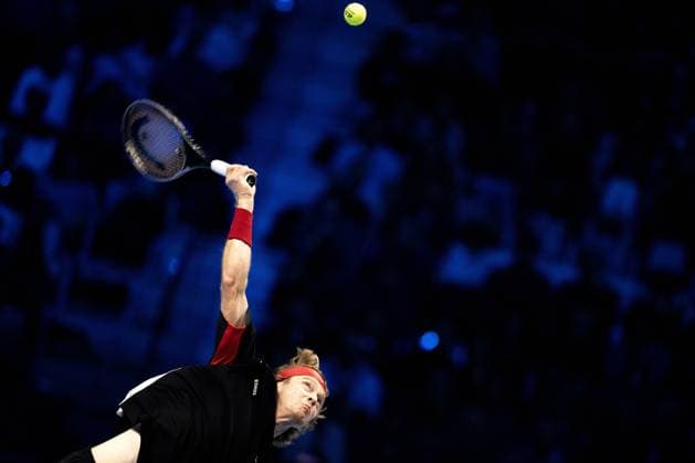 Russia s Andrey Rublev serves to Germany s Alexander Zverev during the singles tennis match of the ATP, Tennis Herren World Tour Finals at the Inalpi Arena in Turin, Italy - - Sunday, November 10, 2024.  Copyright: xMarcoxAlpozzi LaPressex