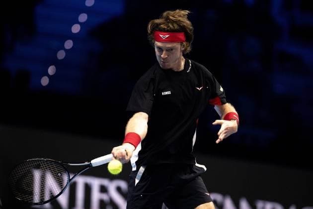 Russia s Andrey Rublev& xa0; returns the ball to Germany s Alexander Zverev during& xa0;their singles tennis match of the ATP, Tennis Herren World Tour Finals at the Inalpi Arena, in Turin, Italy - - Monday, November 11, 2024.  Copyright: xMarcoxAlpozzi LaPressex