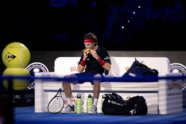 Russia s Andrey Rublev reacts during the singles tennis match of the ATP, Tennis Herren World Tour Finals against Germany s Alexander Zverev at the Inalpi Arena in Turin, Italy - - Monday, November 11, 2024.  Copyright: xMarcoxAlpozzi LaPressex