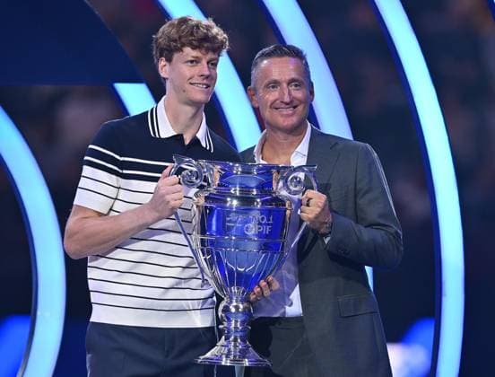 November 11, 2024, Turin: Andrea Gaudenzi president ATP, Tennis Herren and Jannik Sinner of Italy with the trophy as the best player in Atp ranking for 2024 during the ATP Finals in Turin, 10 november 2024..The ATP men s double is preparing for the ATP Finals that will run from 10-17 November in Turin ANSA ALESSANDRO DI MARCO NITTO ATP FINALS TORINO 2024  - ZUMAa110 20241111_zaf_a110_038 Copyright: xAlessandroxDixMarcox