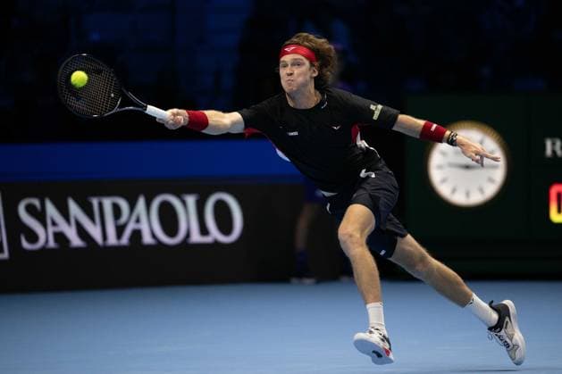 Russia s Andrey Rublev& xa0; returns the ball to Germany s Alexander Zverev during& xa0;their singles tennis match of the ATP, Tennis Herren World Tour Finals at the Inalpi Arena, in Turin, Italy - - Monday, November 11, 2024.  Copyright: xMarcoxAlpozzi LaPressex