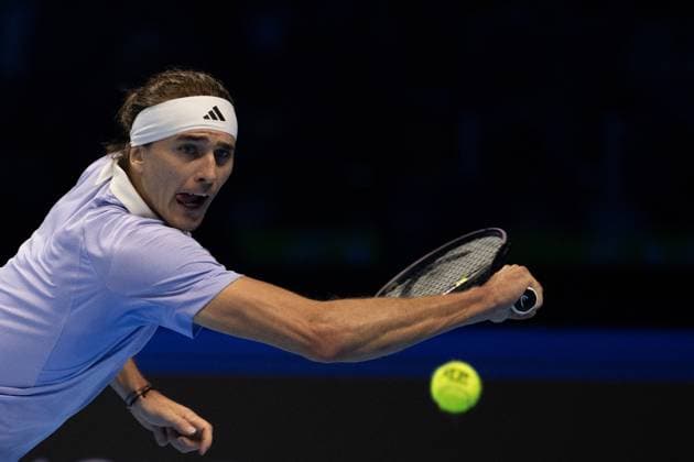 Germany s Alexander Zverev returns the ball to Russia s Andrey Rublev& xa0; during& xa0;their singles tennis match of the ATP, Tennis Herren World Tour Finals at the Inalpi Arena, in Turin, Italy - - Monday, November 11, 2024.  Copyright: xMarcoxAlpozzi LaPressex