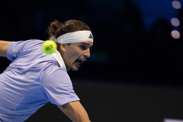 Germany s Alexander Zverev returns the ball to Russia s Andrey Rublev& xa0; during& xa0;their singles tennis match of the ATP, Tennis Herren World Tour Finals at the Inalpi Arena, in Turin, Italy - - Monday, November 11, 2024.  Copyright: xMarcoxAlpozzi LaPressex