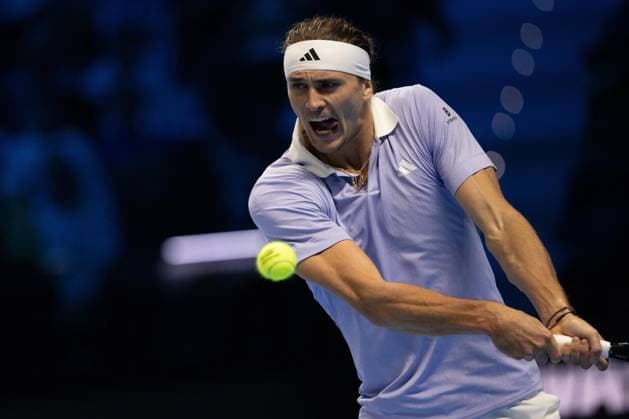 Germany s Alexander Zverev returns the ball to Russia s Andrey Rublev& xa0; during& xa0;their singles tennis match of the ATP, Tennis Herren World Tour Finals at the Inalpi Arena, in Turin, Italy - - Monday, November 11, 2024.  Copyright: xMarcoxAlpozzi LaPressex