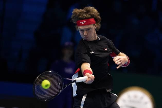 Russia s Andrey Rublev& xa0; returns the ball to Germany s Alexander Zverev during& xa0;their singles tennis match of the ATP, Tennis Herren World Tour Finals at the Inalpi Arena, in Turin, Italy - - Monday, November 11, 2024.  Copyright: xMarcoxAlpozzi LaPressex