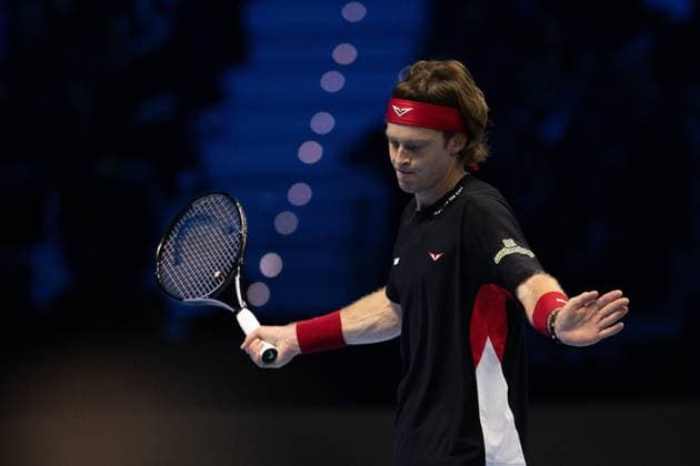 Russia s Andrey Rublev reacts beating himself with the racket during the singles tennis match of the ATP, Tennis Herren World Tour Finals against Germany s Alexander Zverev at the Inalpi Arena in Turin, Italy - - Monday, November 11, 2024.  Copyright: xMarcoxAlpozzi LaPressex