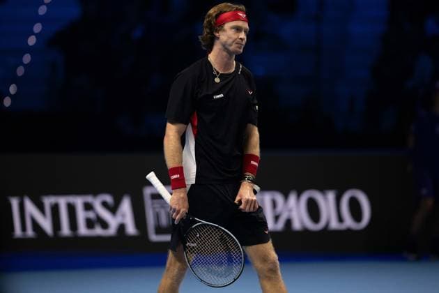 Russia s Andrey Rublev reacts during the singles tennis match of the ATP, Tennis Herren World Tour Finals against Germany s Alexander Zverev at the Inalpi Arena in Turin, Italy - - Monday, November 11, 2024.  Copyright: xMarcoxAlpozzi LaPressex