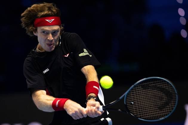 Russia s Andrey Rublev& xa0; returns the ball to Germany s Alexander Zverev during& xa0;their singles tennis match of the ATP, Tennis Herren World Tour Finals at the Inalpi Arena, in Turin, Italy - - Monday, November 11, 2024.  Copyright: xMarcoxAlpozzi LaPressex