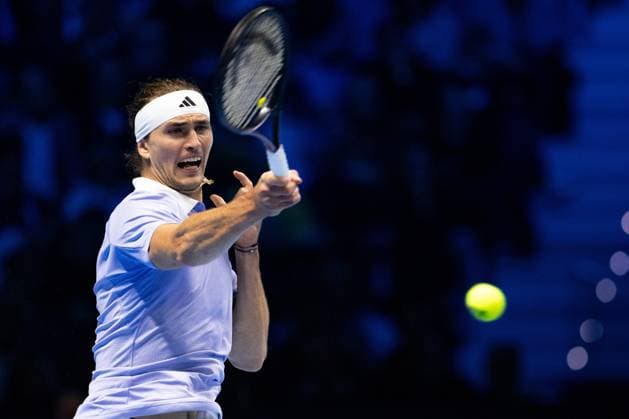 Germany s Alexander Zverev returns the ball to Russia s Andrey Rublev& xa0; during& xa0;their singles tennis match of the ATP, Tennis Herren World Tour Finals at the Inalpi Arena, in Turin, Italy - - Monday, November 11, 2024.  Copyright: xMarcoxAlpozzi LaPressex