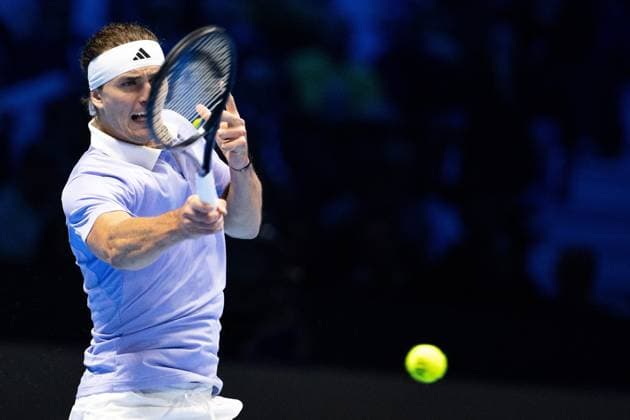 Germany s Alexander Zverev returns the ball to Russia s Andrey Rublev& xa0; during& xa0;their singles tennis match of the ATP, Tennis Herren World Tour Finals at the Inalpi Arena, in Turin, Italy - - Monday, November 11, 2024.  Copyright: xMarcoxAlpozzi LaPressex