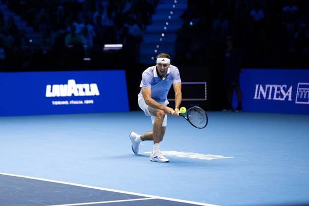 Germany s Alexander Zverev returns the ball to Russia s Andrey Rublev& xa0; during& xa0;their singles tennis match of the ATP, Tennis Herren World Tour Finals at the Inalpi Arena, in Turin, Italy - - Monday, November 11, 2024.  Copyright: xMarcoxAlpozzi LaPressex