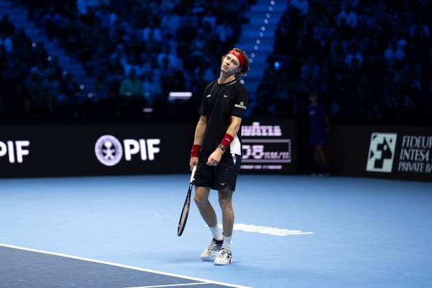 Russia s Andrey Rublev reacts during the singles tennis match of the ATP, Tennis Herren World Tour Finals against Germany s Alexander Zverev at the Inalpi Arena in Turin, Italy - - Monday, November 11, 2024.  Copyright: xMarcoxAlpozzi LaPressex