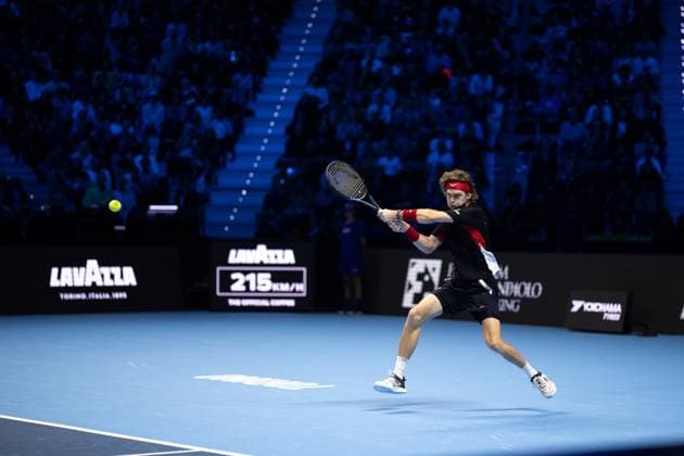 Russia s Andrey Rublev& xa0; returns the ball to Germany s Alexander Zverev during& xa0;their singles tennis match of the ATP, Tennis Herren World Tour Finals at the Inalpi Arena, in Turin, Italy - - Monday, November 11, 2024.  Copyright: xMarcoxAlpozzi LaPressex