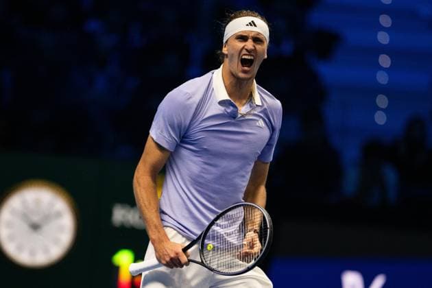 Germany s Alexander Zverev reacts after winning the singles tennis match of the ATP, Tennis Herren World Tour Finals against Russia s Andrey Rublev at the Inalpi Arena in Turin, Italy - - Monday, November 11, 2024.  Copyright: xMarcoxAlpozzi LaPressex