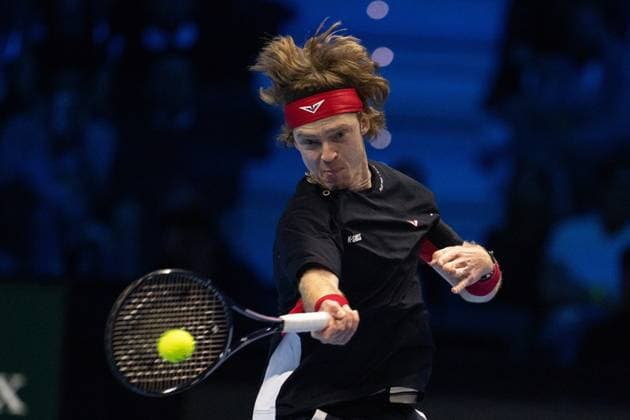 Russia s Andrey Rublev& xa0; returns the ball to Germany s Alexander Zverev during& xa0;their singles tennis match of the ATP, Tennis Herren World Tour Finals at the Inalpi Arena, in Turin, Italy - - Monday, November 11, 2024.  Copyright: xMarcoxAlpozzi LaPressex
