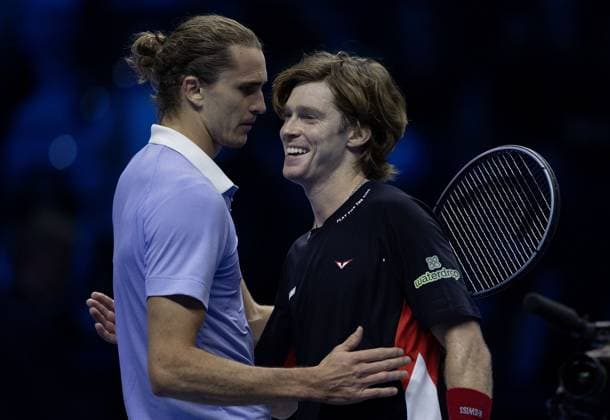 Alexander Zverev and Andrey Rublev hug Nitto ATP, Tennis Herren Finals, Day Two, Tennis, Inalpi Arena, Turin, Italy 11 Nov 2024  Copyright: xEllaxLing Shutterstockx 14893145ax