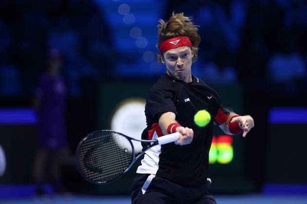 Alexander Zverev vs Andrey Rublev Andrey Rublev of Russia in action during the Round Robin singles match between Alexander Zverev of Germany and Andrey Rublev of Russia on Day two of the Nitto ATP, Tennis Herren World Tour Finals. Turin Inalpi Arena Italy Copyright: xMarcoxCanonierox