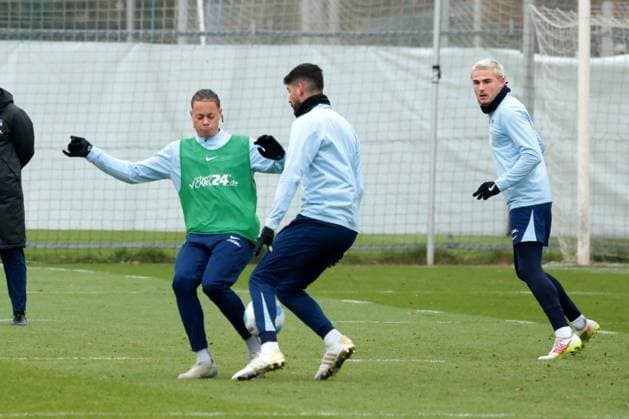 DEU, DFL, 2 FBL Hertha BSC, Training, 12 11 2024, Sportforum, Berlin, DEU, DFL, 2 FBL Hertha BSC, Training, in the picture Derry Scherhant Hertha BSC Berlin 39 , Andreas Bouchalakis Hertha BSC Berlin 5 , Marten Winkler Hertha BSC Berlin 22 DFL regulations prohibit any use of Photographs as image sequences and or quasi video Foto Juergen Engler nordphoto GmbH nordphotoxGmbHx xEngler nph00076