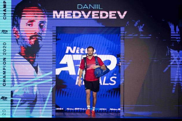 Russia s Daniil Medvedev before the singles tennis match of the ATP, Tennis Herren World Tour Finals against AustraliaÕs Alex de Minaur at the Inalpi Arena in Turin, Italy - - Tuesday, November 12, 2024.  Copyright: xMarcoxAlpozzi LaPressex
