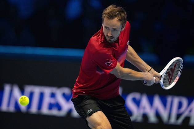Russia s Daniil Medvedev& xa0;returns the ball to Australia s Alex de Minaur during& xa0;their singles tennis match of the ATP, Tennis Herren World Tour Finals at the Inalpi Arena, in Turin, Italy - - Tuesday, November 12, 2024.  Copyright: xMarcoxAlpozzi LaPressex
