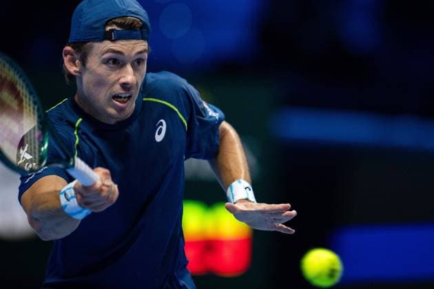 & xa0;Australia s Alex de Minaur returns the ball to Russia s Daniil Medvedev during& xa0;their singles tennis match of the ATP, Tennis Herren World Tour Finals at the Inalpi Arena, in Turin, Italy - - Tuesday, November 12, 2024.  Copyright: xMarcoxAlpozzi LaPressex