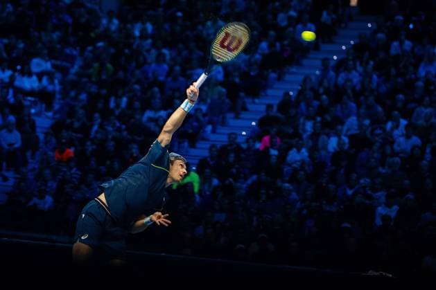 Sport Bilder des Tages Australia s Alex de Minaur& xa0;serves to Russia s Daniil Medvedev during the singles tennis match of the ATP, Tennis Herren World Tour Finals at the Inalpi Arena in Turin, Italy - - Tuesday, November 12, 2024.  Copyright: xMarcoxAlpozzi LaPressex