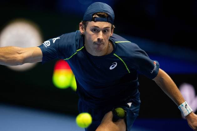 & xa0;Australia s Alex de Minaur returns the ball to Russia s Daniil Medvedev during& xa0;their singles tennis match of the ATP, Tennis Herren World Tour Finals at the Inalpi Arena, in Turin, Italy - - Tuesday, November 12, 2024.  Copyright: xMarcoxAlpozzi LaPressex