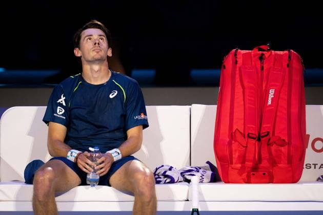 Australia s Alex de Minaur react during the singles tennis match of the ATP, Tennis Herren World Tour Finals againstRussia s Daniil Medvedev& xa0;at the Inalpi Arena in Turin, Italy - - Tuesday, November 12, 2024.  Copyright: xMarcoxAlpozzi LaPressex