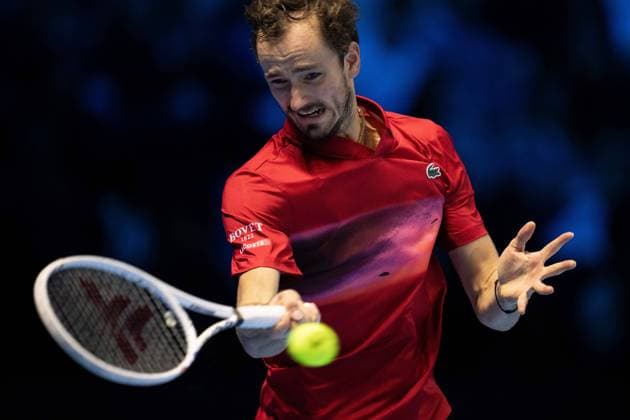 Russia s Daniil Medvedev& xa0;returns the ball to Australia s Alex de Minaur during& xa0;their singles tennis match of the ATP, Tennis Herren World Tour Finals at the Inalpi Arena, in Turin, Italy - - Tuesday, November 12, 2024.  Copyright: xMarcoxAlpozzi LaPressex
