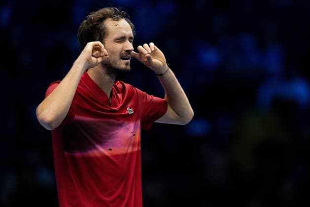 Russia s Daniil Medvedev& xa0;reacts after winning the singles tennis match of the ATP, Tennis Herren World Tour Finals against Australia s Alex de Minaur at the Inalpi Arena in Turin, Italy - - Tuesday, November 12, 2024.  Copyright: xMarcoxAlpozzi LaPressex