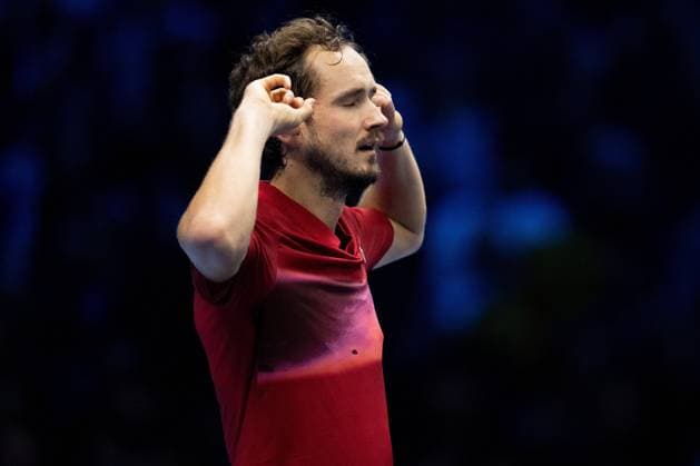 Russia s Daniil Medvedev& xa0;reacts after winning the singles tennis match of the ATP, Tennis Herren World Tour Finals against Australia s Alex de Minaur at the Inalpi Arena in Turin, Italy - - Tuesday, November 12, 2024.  Copyright: xMarcoxAlpozzi LaPressex