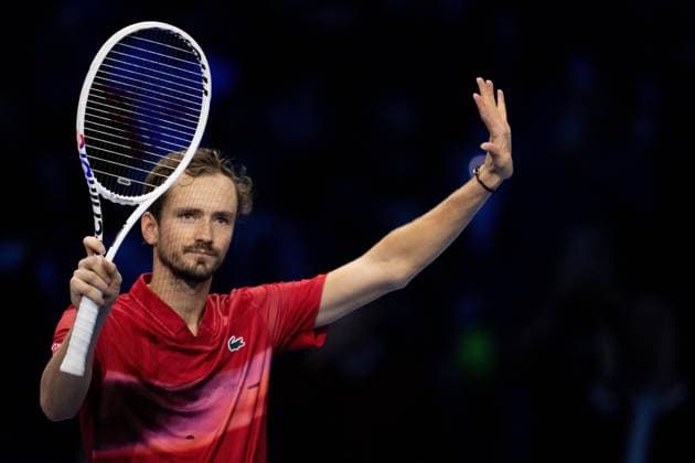 Russia s Daniil Medvedev& xa0;reacts after winning the singles tennis match of the ATP, Tennis Herren World Tour Finals against Australia s Alex de Minaur at the Inalpi Arena in Turin, Italy - - Tuesday, November 12, 2024.  Copyright: xMarcoxAlpozzi LaPressex